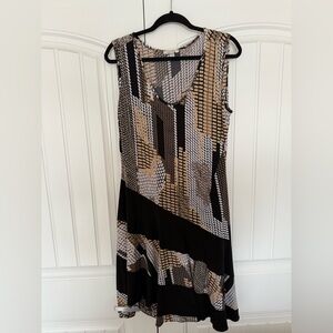Sleeveless Geometric Print Vivian Wong Dress in Black and Tan